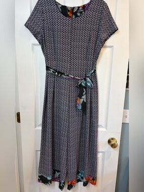 Roz & Ali Black and White Patterned Wide Leg Jumpsuit with Floral Belt